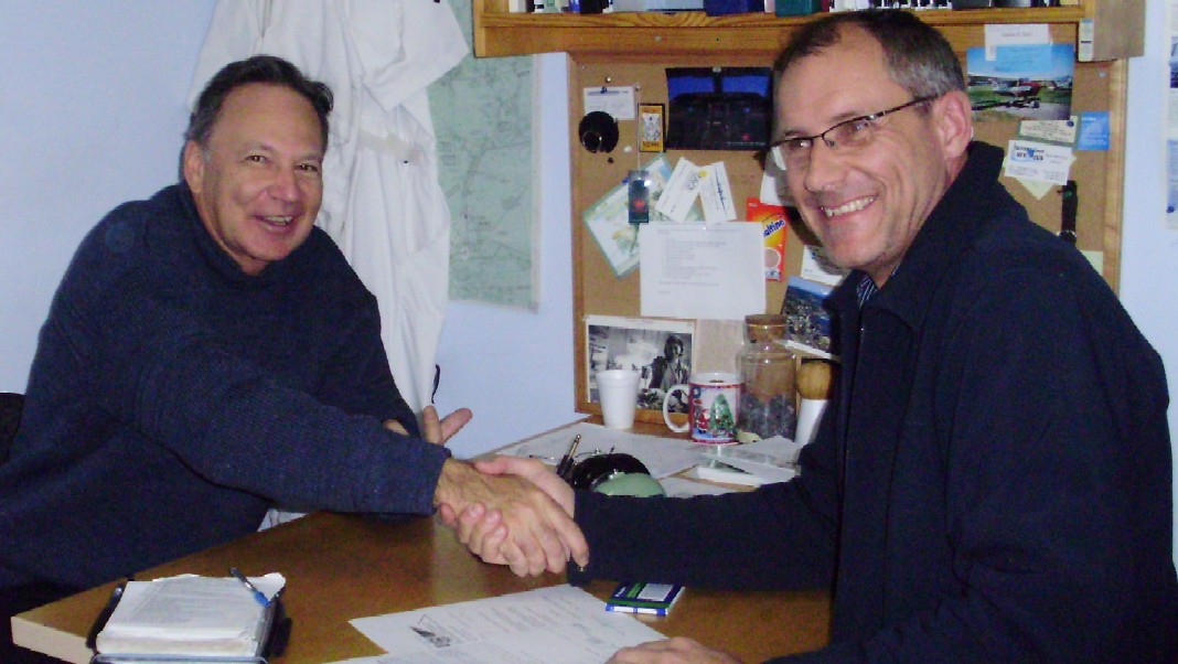 Michel Lahaie with Pilot Examiner Matt Edwards after the successful completion of Michel's Multi-engine Class Rating on January 23, 2009.  Langley Flying School